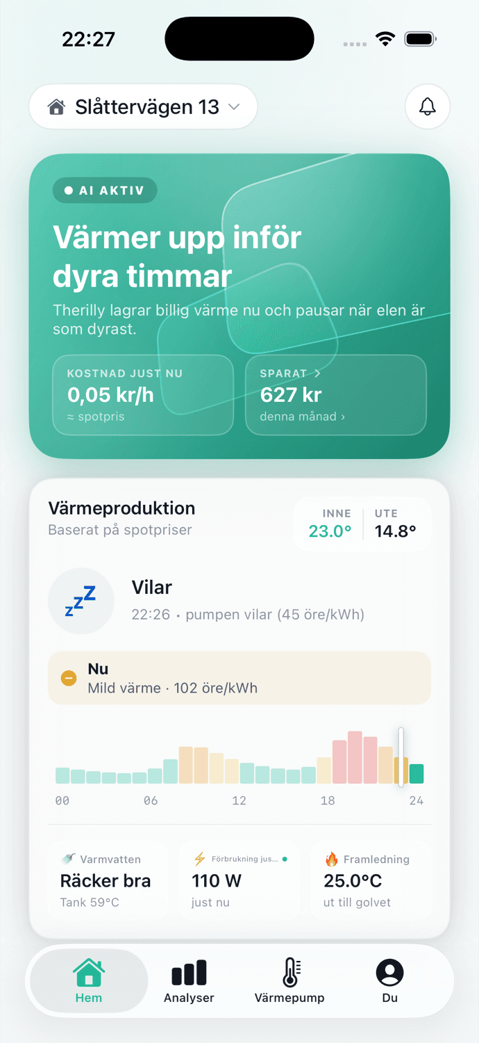 The Therilly app showing live heat control